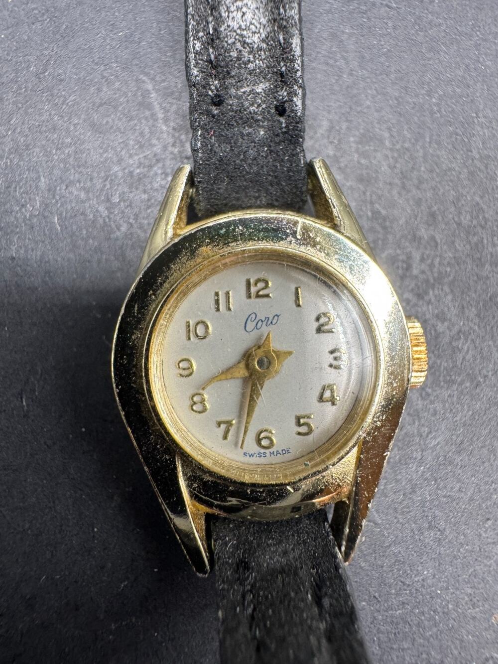Vintage Coro Classic Women's Watch Swiss Made Black Leather Band Gold Tone